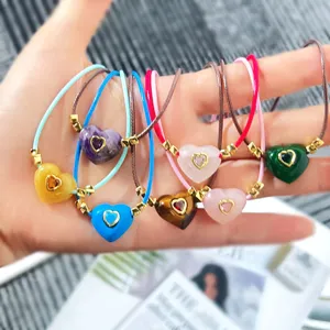 Natural stone heart wax rope necklace with colorful crystal pendant detail view chic