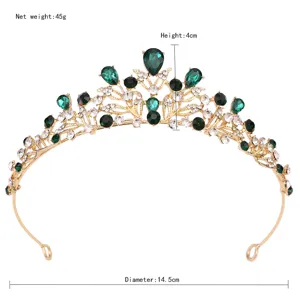 Diadème de mariée en alliage baroque avec strass verts et cristaux pour fête de mariage.