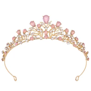 Diadème de mariée doré exquis avec strass roses et cristaux clairs, couronne en alliage baroque.