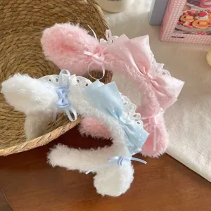 Παιδικά Lolita κορδέλα μαλλιών με αυτιά γατούνας ροζ λευκό φιόγκος δαντέλα αξεσουάρ