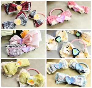 Sweet tweed bow hair clips and ties set featuring colorful sparkling heart crystal accents.