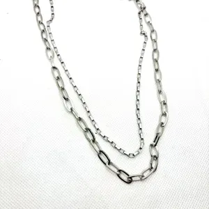 Vue détaillée d'un collier double en acier titane, avec des maillons gros et fins.