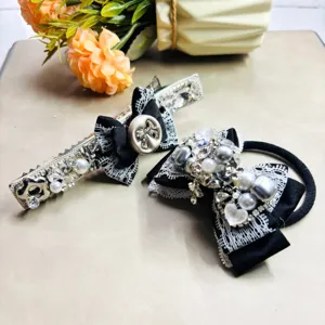 Élégant Accessoire Cheveux Noeud Dentelle Noire Strass Perle Artificielle Incrusté Pince à Cheveux Élastique pour Femme Fête