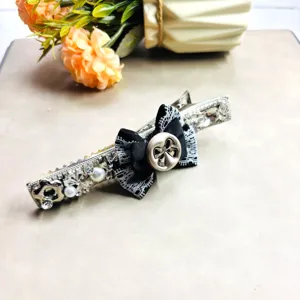 Élégante pince à cheveux noire avec nœud en dentelle strass perles barrette pour femmes