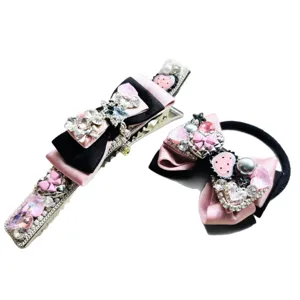Ensemble pince à cheveux et chouchou nœud strass rose et noir accessoires mignons.