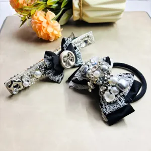 Ensemble pince a cheveux et chouchou noeud dentelle perle strass noir elegance femmes