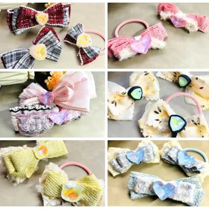 Sweet Girl Plush Bow Hair Clip And Tie Set Contrast Color Fabric Lace Rhinestone Heart Hair Accessories For Daily Dating Party