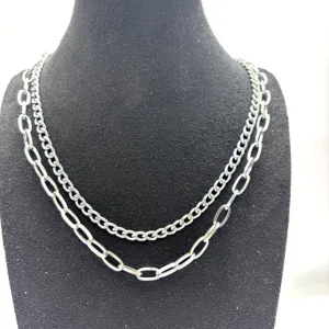 Collier double en acier au titane chaine maille cubaine et paperclip style hip hop