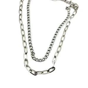 Collier double couche en acier titane chaîne cubaine style hip hop cool bijoux de mode hommes.
