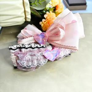 Sweet pink hair bow clip with lace and crystal heart for cute girls sweet daily styling