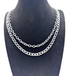 Collier chaîne cubaine double couche élégant en acier titane hip-hop streetwear argent