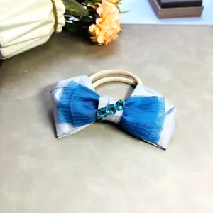 Sweet blue mesh bow hair tie with rhinestone hearts, cute hair accessory for girls and teens.