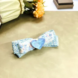 Pince à cheveux nœud tweed bleu avec cœur en cristal accessoires mignons pour femmes