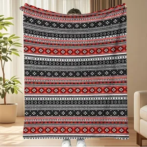 Traditional red black striped flannel blanket, cozy geometric pattern for winter warmth.