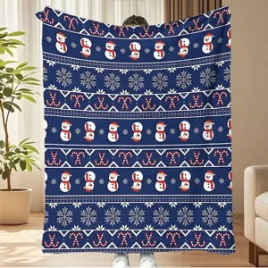 Blue Christmas snowman printed flannel blanket cozy winter warm home decor throw blanket item