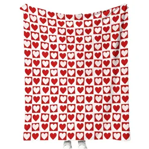 Red and white heart pattern flannel blanket for autumn winter home warmth and cozy bedroom decor