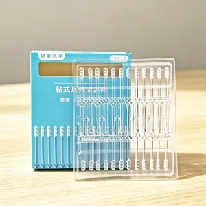 Close-up detail view of disposable sticky ear pick cleaner swabs in clear packaging tray.