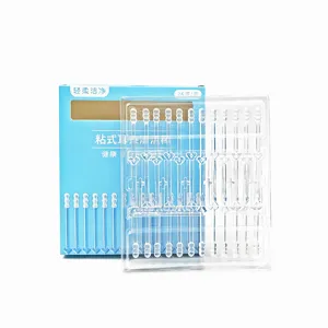 Detailed view of transparent disposable sticky ear cleaning swabs in blue box, 24 pcs pack