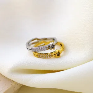 Fashion Stainless Steel Star Rhinestone Ring For Women Chic Light Luxury Gold Silver Color Double Row Inlaid Finger Ring