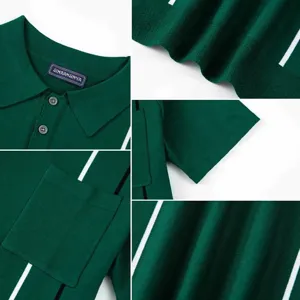 Groen heren gebreid poloshirt detail met contraststrepen en stijlvolle borstzak op de borst.