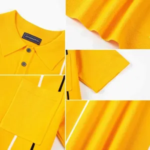 Gedetailleerde close-up van heren gebreide polo met contraststrepen en borstzak.