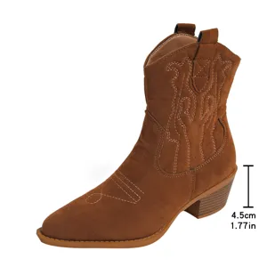 Brown suede western cowboy boots for women featuring a stylish chunky heel and retro embroidery.