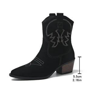 Black suede western cowboy boots for women, pointed toe chunky heel mid-calf boots with embroidery.