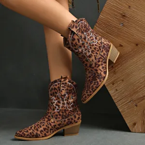 Leopard print western cowboy boots for women, retro embroidered chunky heel mid-calf boots.
