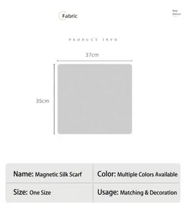 Magnetic buckle silk scarf specification and size detail diagram with versatile neck accessory info.