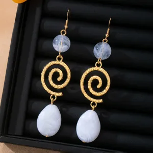 French vintage gold long spiral drop earrings with white marble beads, elegant jewelry for women.