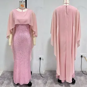 Pink sequin evening dress detail showing front and back views with elegant chiffon cape.