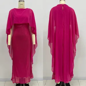Magenta sleeveless slim long dress with elegant matching shawl, perfect for evening party.