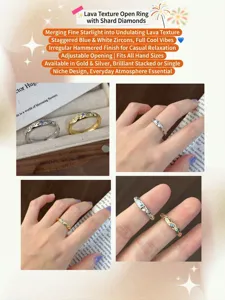Vue détaillée de la bague ouverte à texture de fusion irrégulière avec des zircons scintillants.