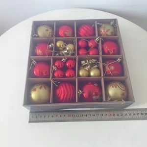 Christmas ball ornament set with red and gold baubles in box, detailed size display view.