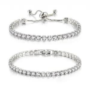 Bracelet Tennis Zircon Argent Chaine Ajustable Cristal Bijoux Luxe Cadeaux Femme