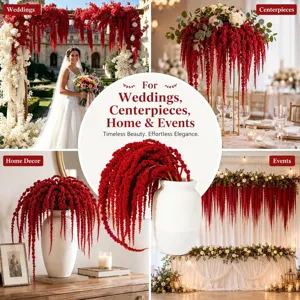 Red preserved hanging amaranth flower detail, perfect for wedding arch and home decoration.