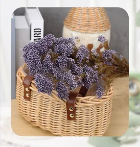 Natural preserved millet flower dried bouquet with wicker basket for home bedroom decor.