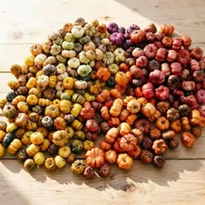 Mini artificial decorative pumpkins set, colorful autumn harvest table centerpiece display.