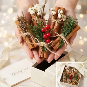 Handmade decorative cinnamon bundles with dried flowers and red berries gift set for holidays.