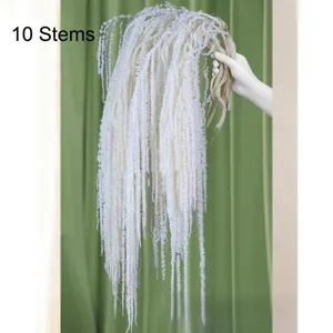 White dried hanging flower stems detail view, natural plant decor accessory for home and events.