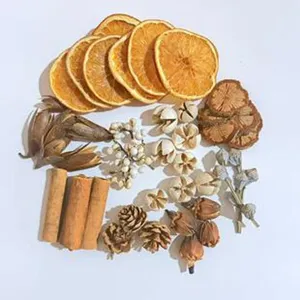 Detailed view of natural dried botanical potpourri set including orange slices and pine cones.