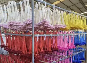 Detailed view of colorful bulk dried craspedia flower bouquets hanging in factory.