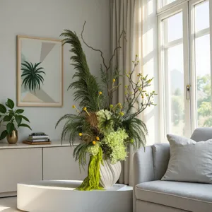 Green preserved flower detail arrangement with white ceramic vase for home decor spring vibe.