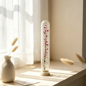 Nahaufnahme einer Mini-Glastube mit getrockneten rosa Blumen und Holzsockel am sonnigen Fenster.