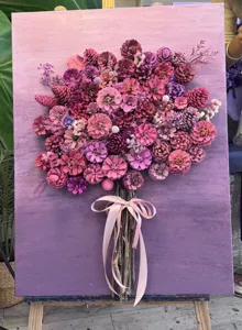 Ramo de piñas flores secas hecho a mano arte en lienzo decoración de pared rosa