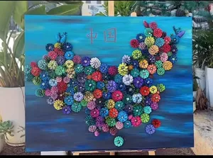 Pintura de lienzo de mapa de China con piñas hecho a mano arte de pared decoración única