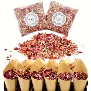 Natural dried flower petal confetti set details showing packed bags, loose petals and paper cones.