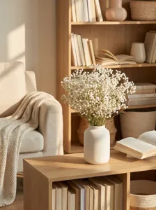Close-up view of a white ceramic vase filled with dried baby's breath flowers on wooden table.