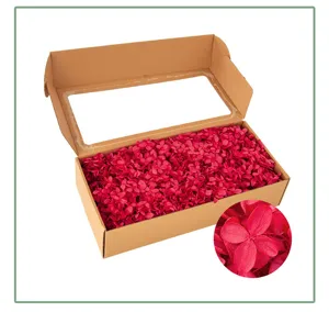 Preserved red hydrangea dried flowers in kraft paper window box for DIY floral craft gifts.