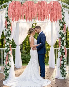 Pink hanging amaranth dried flowers for wedding arch decor, romantic floral arrangement.